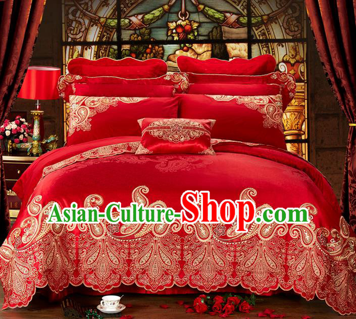 Traditional Asian Chinese Style Wedding Article Embroidery Bedding Sheet Complete Set, Duvet Cover Red Satin Drill Textile Bedding Ten-piece Suit