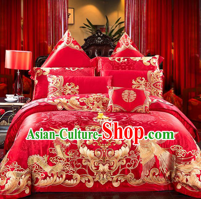 Traditional Asian Chinese Style Wedding Article Embroidery Dragon and Phoenix Bedding Sheet Complete Set, Peony Duvet Cover Red Satin Drill Textile Bedding Ten-piece Suit