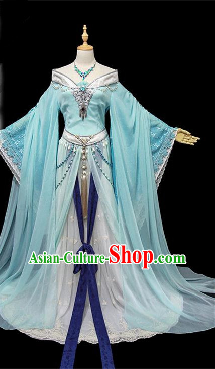 Traditional Ancient Chinese Imperial Concubine Embroidered Blue Costume, Chinese Tang Dynasty Princess Dress Hanfu Clothing for Women