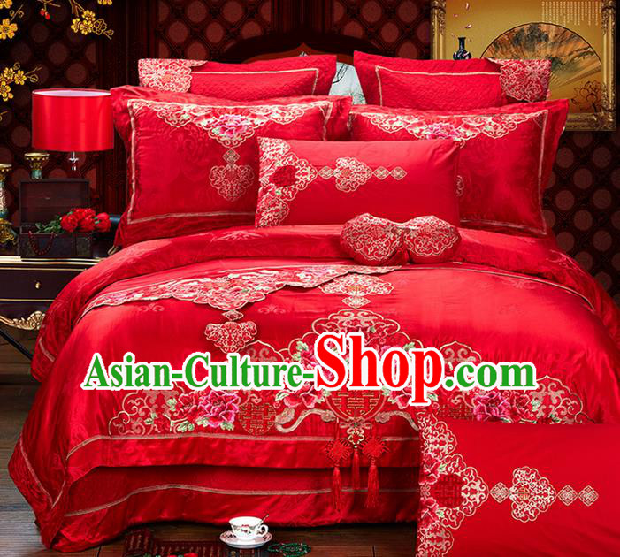 Traditional Asian Chinese Style Wedding Article Jacquard Weave Bedding Sheet Complete Set, Embroidery Peony Red Eight-piece Duvet Cover Satin Drill Textile Bedding Suit