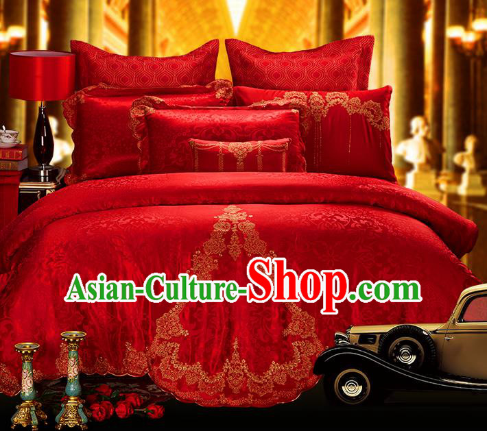 Traditional Asian Chinese Style Wedding Article Embroidery Jacquard Weave Satin Drill Bedding Sheet Complete Set, Duvet Cover Red Textile Bedding Six-piece Suit