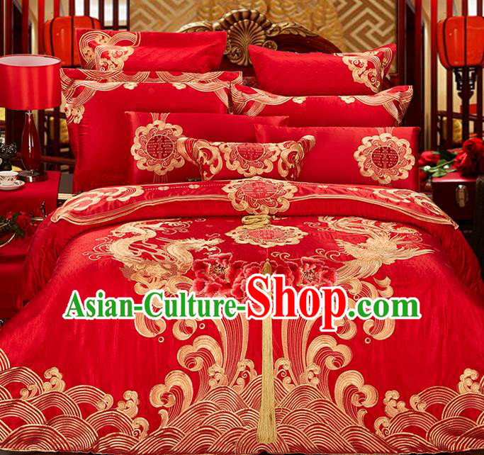 Traditional Asian Chinese Style Wedding Article Bedding Golden Dragon and Phoenix Sheet Complete Set, Embroidery Peony Eleven-piece Duvet Cover Satin Drill Textile Bedding Suit