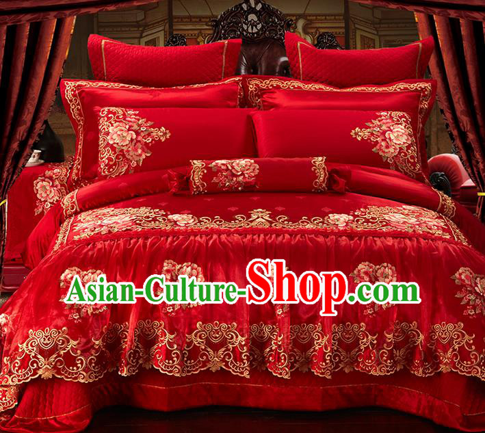 Traditional Asian Chinese Style Wedding Article Embroidery Peony Satin Drill Bedding Sheet Complete Set, Duvet Cover Red Lace Textile Bedding Ten-piece Suit