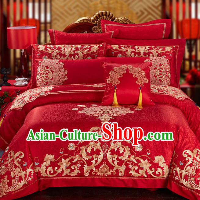 Traditional Asian Chinese Style Wedding Article Palace Embroidered Qulit Cover Bedding Sheet Complete Set, Jacquard Weave Satin Drill Eleven-piece Duvet Cover Textile Bedding Suit