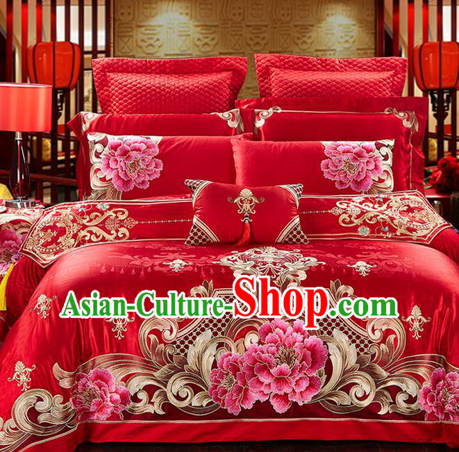 Traditional Asian Chinese Style Wedding Article Palace Embroidered Peony Qulit Cover Bedding Sheet Complete Set, Jacquard Weave Satin Drill Eleven-piece Duvet Cover Textile Bedding Suit