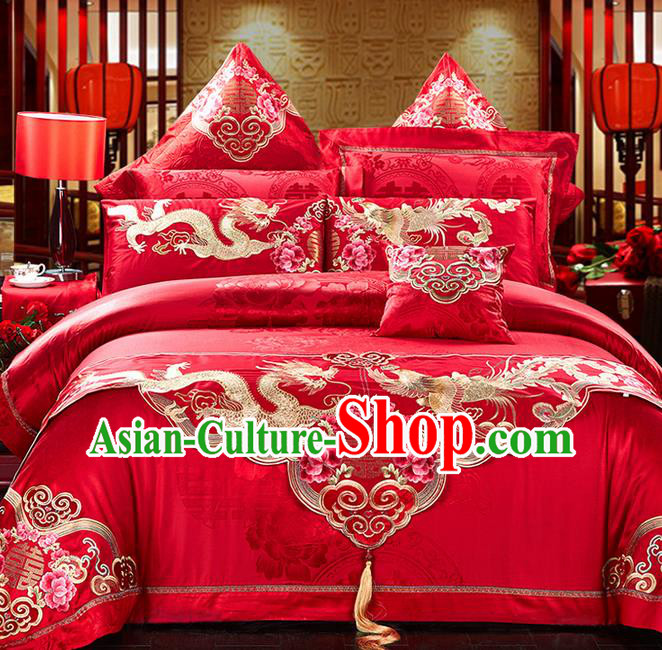 Traditional Asian Chinese Style Wedding Article Palace Embroidered Peony Qulit Cover Bedding Sheet Complete Set, Dragon and Phoenix Jacquard Weave Satin Drill Eleven-piece Duvet Cover Textile Bedding Suit