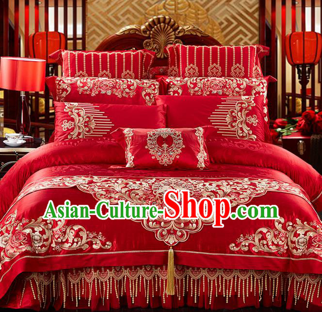 Traditional Asian Chinese Style Wedding Article Palace Lace Qulit Cover Bedding Sheet Complete Set, Embroidered Peony Jacquard Weave Satin Drill Eleven-piece Duvet Cover Textile Bedding Suit