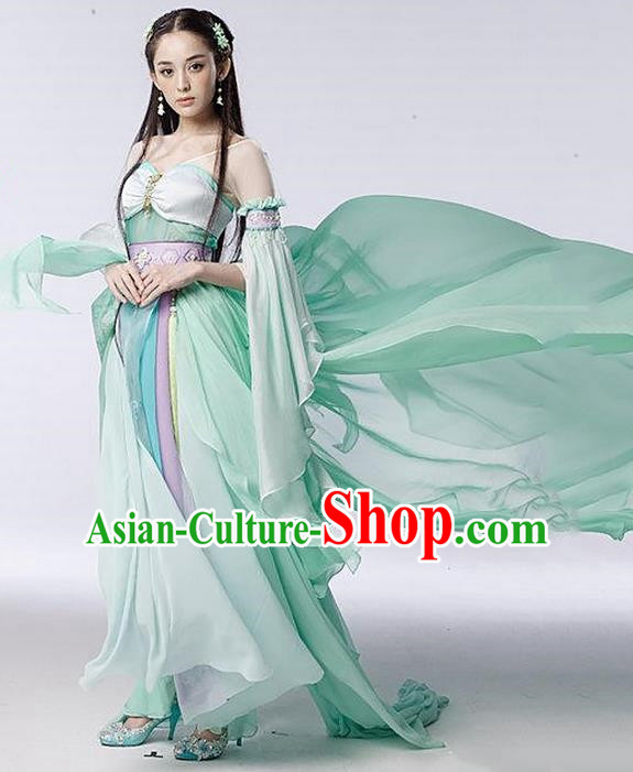 Traditional Asian Chinese Ancient Apsara Peri Costume, China Elegant Hanfu Clothing Tang Dynasty Palace Princess Fairy Green Dance Dress Clothing for Women