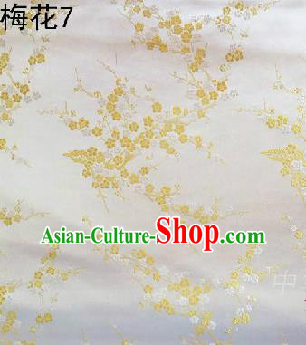 Asian Chinese Traditional Embroidery Golden Plum Blossom White Silk Fabric, Top Grade Brocade Embroidered Tang Suit Hanfu Dress Fabric Cheongsam Cloth Material