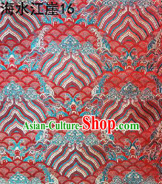 Asian Chinese Traditional Hill Sea Red Silk Fabric, Top Grade Arhat Bed Brocade Satin Tang Suit Hanfu Dress Fabric Cheongsam Cloth Material