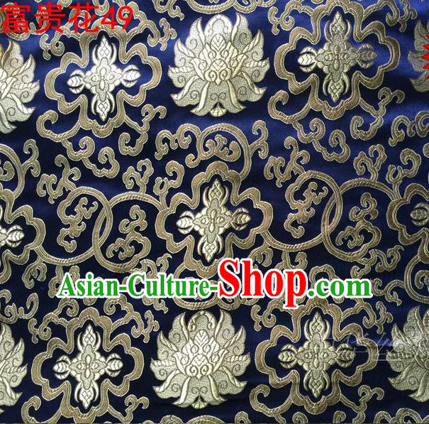 Asian Chinese Traditional Golden Riches and Honour Flowers Embroidered Royalblue Silk Fabric, Top Grade Arhat Bed Brocade Satin Tang Suit Hanfu Dress Fabric Cheongsam Cloth Material
