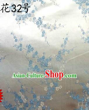 Asian Chinese Traditional Embroidery Blue Plum Blossom White Silk Fabric, Top Grade Brocade Embroidered Tang Suit Hanfu Dress Fabric Cheongsam Cloth Material