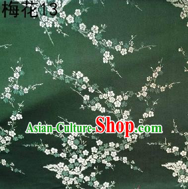 Asian Chinese Traditional Embroidery White Plum Blossom Green Silk Fabric, Top Grade Brocade Embroidered Tang Suit Hanfu Dress Fabric Cheongsam Cloth Material