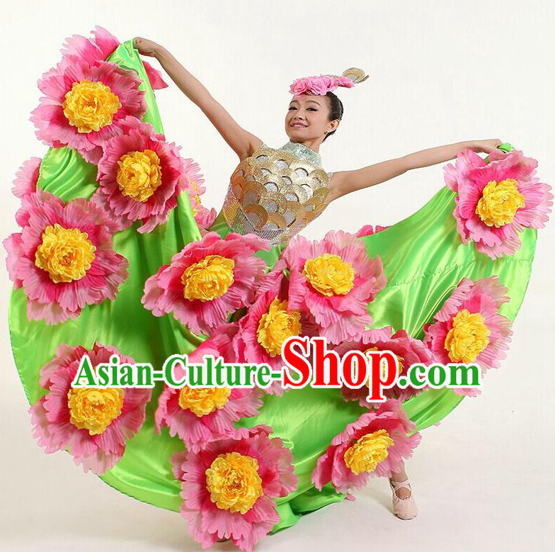 Chinese Classic Stage Performance Dance Costumes, Opening Dance Competition Flowers Green Dress, Folk Dance Classic Big Swing Clothing for Women