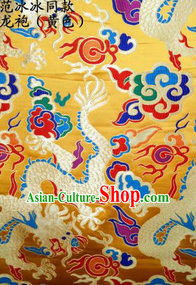 Asian Chinese Traditional Embroidered Dragon Golden Satin Silk Fabric, Top Grade Brocade Tang Suit Hanfu Dragon Robes Dress Fabric Cheongsam Cloth Material
