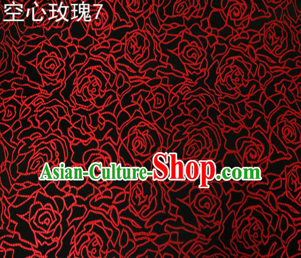 Asian Chinese Traditional Jacquard Weave Embroidered Red Rose Flowers Black Satin Silk Fabric, Top Grade Brocade Tang Suit Hanfu Coat Dress Fabric Cheongsam Cloth Material