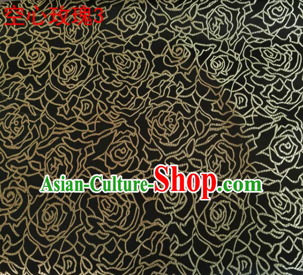 Asian Chinese Traditional Jacquard Weave Embroidered Golden Rose Flowers Black Satin Silk Fabric, Top Grade Brocade Tang Suit Hanfu Coat Dress Fabric Cheongsam Cloth Material