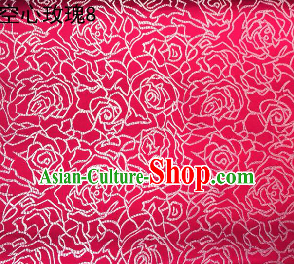 Asian Chinese Traditional Jacquard Weave Embroidered Rose Flowers Rosy Satin Silk Fabric, Top Grade Brocade Tang Suit Hanfu Coat Dress Fabric Cheongsam Cloth Material