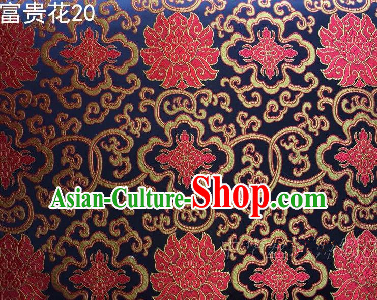 Asian Chinese Traditional Red Riches and Honour Flowers Embroidered Navy Silk Fabric, Top Grade Arhat Bed Brocade Satin Tang Suit Hanfu Dress Fabric Cheongsam Cloth Material