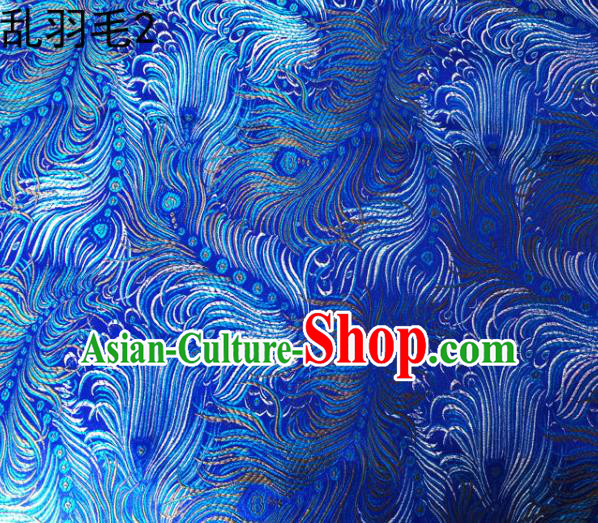 Asian Chinese Traditional Printing Feather Blue Silk Fabric, Top Grade Arhat Bed Brocade Tang Suit Hanfu Dress Fabric Cheongsam Cloth Material