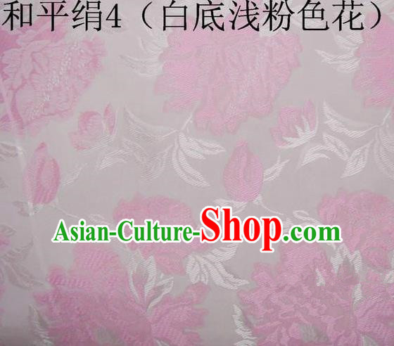 Asian Chinese Traditional Embroidered Pink Flowers White Silk Fabric, Top Grade Arhat Bed Brocade Tang Suit Hanfu Dress Fabric Cheongsam Cloth Material