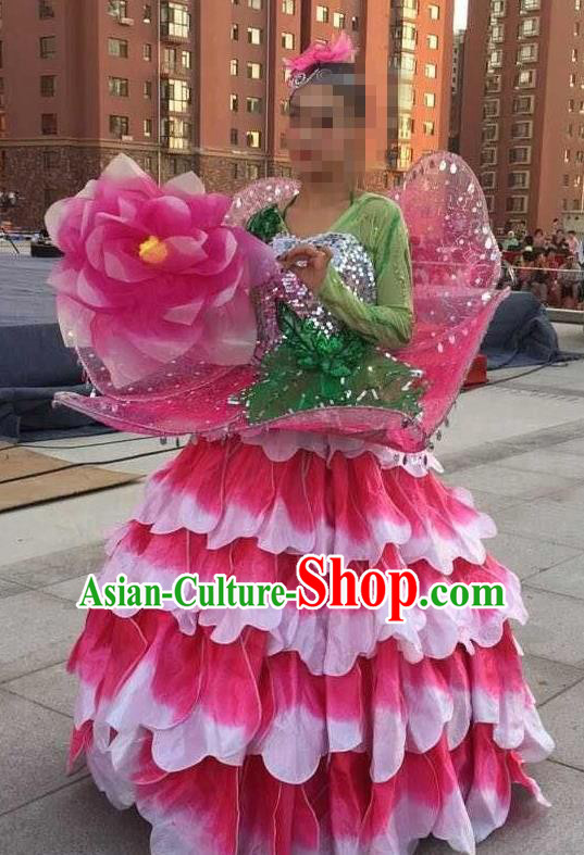 Chinese Classic Stage Performance Dance Costumes, Opening Dance Folk Dance Classic Big Swing Pink Dress for Women