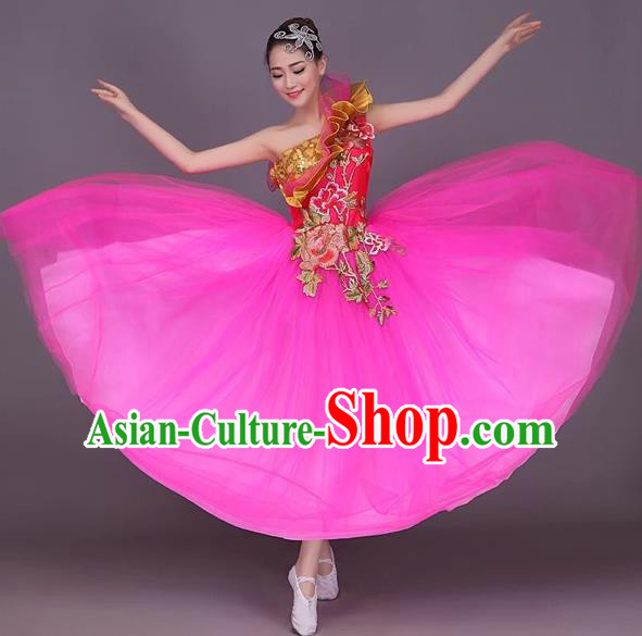 Chinese Classic Stage Performance Dance Costumes, Opening Dance Folk Dance Classic Dance Big Swing One-shoulder Pink Veil Dress for Women