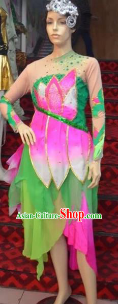 Traditional Chinese Classical Dance Fan Dance Costume, Folk Dance Lotus Dance Blue Uniform for Women