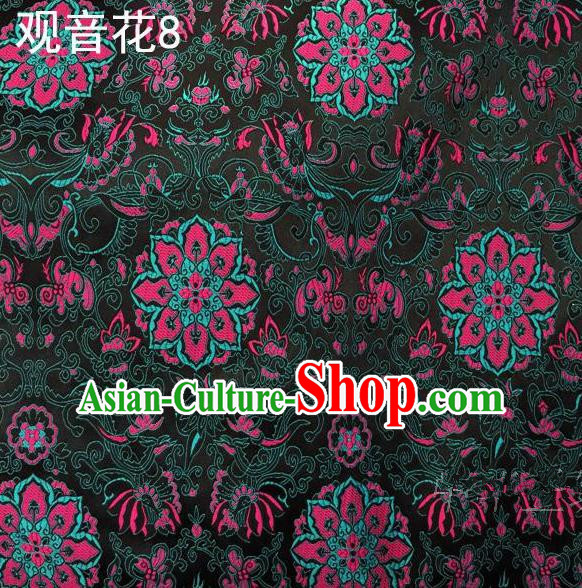 Asian Chinese Traditional Embroidering Avalokitesvara Flowers Thangka Satin Atrovirens Silk Fabric, Top Grade Brocade Tang Suit Hanfu Full Dress Fabric Cheongsam Cloth Material