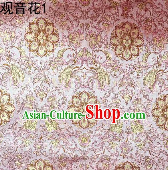 Asian Chinese Traditional Embroidering Avalokitesvara Flowers Thangka Satin Pink Silk Fabric, Top Grade Brocade Tang Suit Hanfu Full Dress Fabric Cheongsam Cloth Material