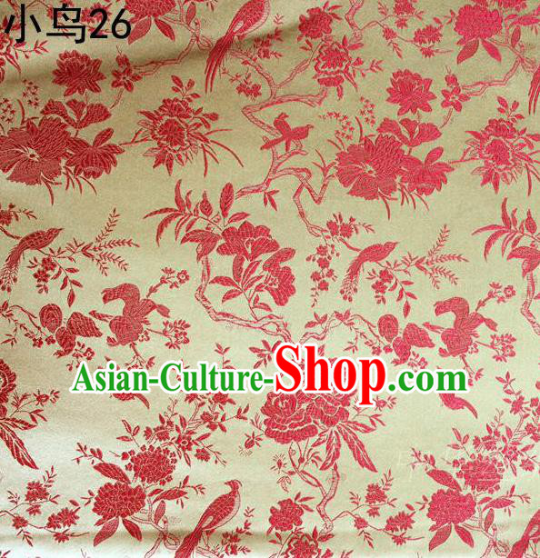 Asian Chinese Traditional Embroidery Red Magpie Peony Satin Golden Silk Fabric, Top Grade Brocade Tang Suit Hanfu Full Dress Fabric Cheongsam Cloth Material