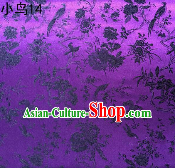 Asian Chinese Traditional Embroidery Magpie Peony Satin Purple Silk Fabric, Top Grade Brocade Tang Suit Hanfu Full Dress Fabric Cheongsam Cloth Material
