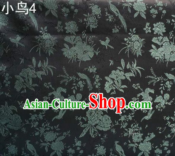 Asian Chinese Traditional Embroidery Magpie Peony Satin Black Silk Fabric, Top Grade Brocade Tang Suit Hanfu Full Dress Fabric Cheongsam Cloth Material