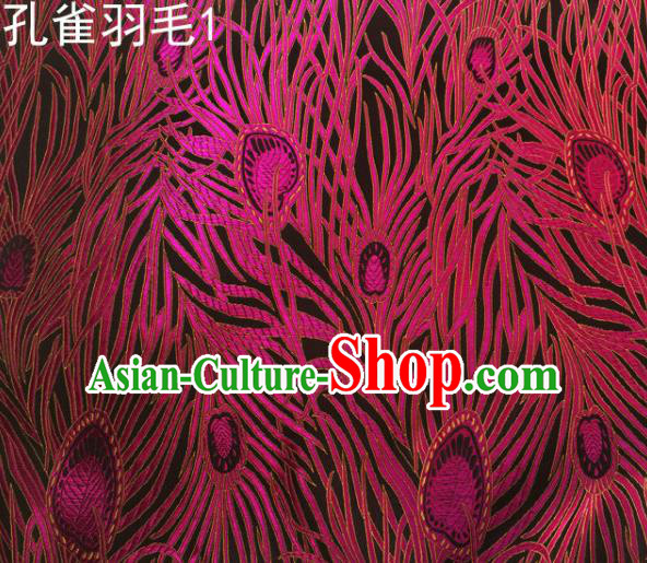 Asian Chinese Traditional Embroidery Peacock Feathers Rosy Satin Wedding Silk Fabric, Top Grade Brocade Tang Suit Hanfu Dress Fabric Cheongsam Cloth Material
