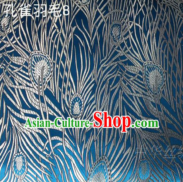Asian Chinese Traditional Embroidery Peacock Feathers Blue Satin Wedding Silk Fabric, Top Grade Brocade Tang Suit Hanfu Dress Fabric Cheongsam Cloth Material