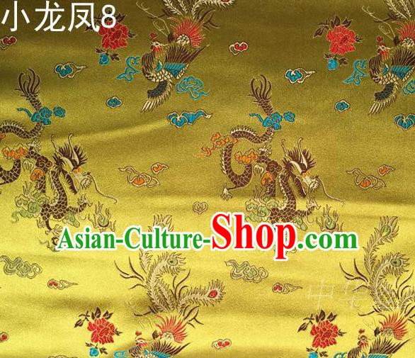 Asian Chinese Traditional Embroidery Colorful Dragon and Phoenix Bringing Prosperity Golden Satin Silk Fabric, Top Grade Tibetan Brocade Tang Suit Hanfu Fabric Cheongsam Cloth Material