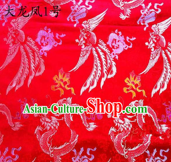 Asian Chinese Traditional Embroidery Dragon and Phoenix Bringing Prosperity Red Satin Silk Fabric, Top Grade Tibetan Brocade Tang Suit Hanfu Fabric Cheongsam Cloth Material