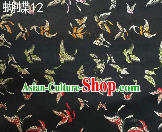 Asian Chinese Traditional Embroidery Butterflies Black Satin Silk Fabric, Top Grade Brocade Tang Suit Hanfu Fabric Cheongsam Cloth Material