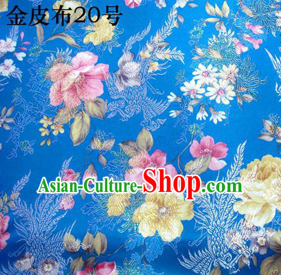 Asian Chinese Traditional Embroidery Peony Blue Satin Silk Fabric, Top Grade Brocade Tang Suit Hanfu Fabric Cheongsam Cloth Material