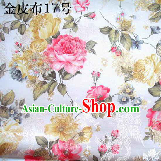 Asian Chinese Traditional Embroidery Peony White Satin Silk Fabric, Top Grade Brocade Tang Suit Hanfu Fabric Cheongsam Cloth Material