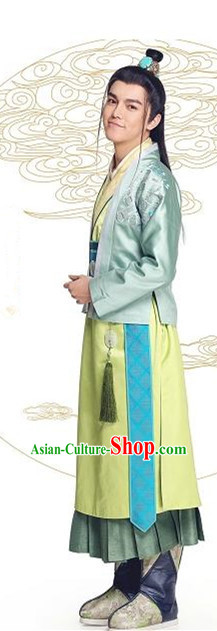 Asian Chinese Northern and Southern Dynasty Royal Prince Costume and Headpiece Complete Set, China Ancient Elegant Hanfu Nobility Childe Embroidered Robes
