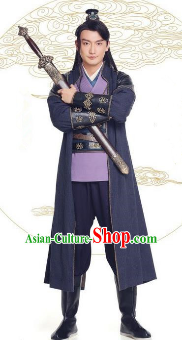 Asian Chinese Northern and Southern Dynasty Swordsman Costume and Headpiece Complete Set, China Ancient Elegant Hanfu Kawaler Robes Clothing