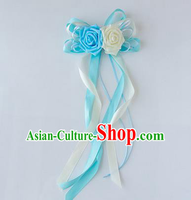 Top Grade Wedding Accessories Decoration, China Style Wedding Limousine Satin Bowknot Blue Flowers Bride Long Ribbon Garlands