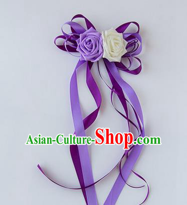 Top Grade Wedding Accessories Decoration, China Style Wedding Limousine Satin Bowknot Purple Flowers Bride Long Ribbon Garlands