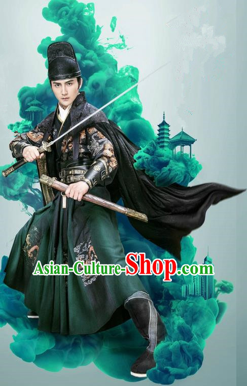 Traditional Ancient Chinese Imperial Bodyguard Blades Costume and Headpiece Complete Set, Chinese Ming Dynasty Imperial Guards Robes Clothing