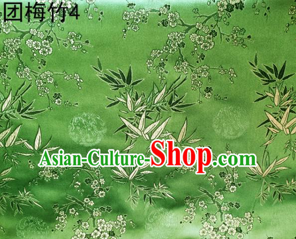Asian Chinese Traditional Handmade Embroidery Plum and Bamboo Silk Fabric, Top Grade Nanjing Brocade Tang Suit Hanfu Green Fabric Cheongsam Cloth Material