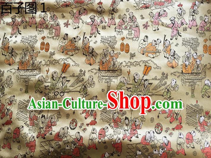 Asian Chinese Traditional Handmade Suzhou Embroidery Hundred Sons Diagram Satin Silk Fabric, Top Grade Hanfu Brocade Tang Suit Fabric Cheongsam Golden Cloth Material