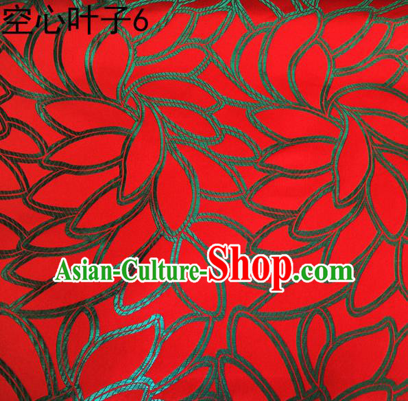 Asian Chinese Traditional Handmade Embroidery Leaf Pattern Satin Wedding Silk Fabric, Top Grade Nanjing Brocade Tang Suit Hanfu Fabric Cheongsam Red Cloth Material