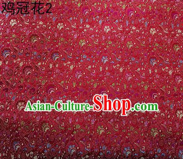 Asian Chinese Traditional Handmade Embroidery Cockscomb Flowers Satin Thangka Red Silk Fabric, Top Grade Nanjing Brocade Tang Suit Hanfu Fabric Cheongsam Cloth Material