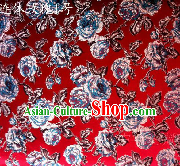 Traditional Asian Chinese Handmade Printing Roses Flowers Satin Red Silk Fabric, Top Grade Nanjing Brocade Tang Suit Hanfu Clothing Fabric Cheongsam Cloth Material